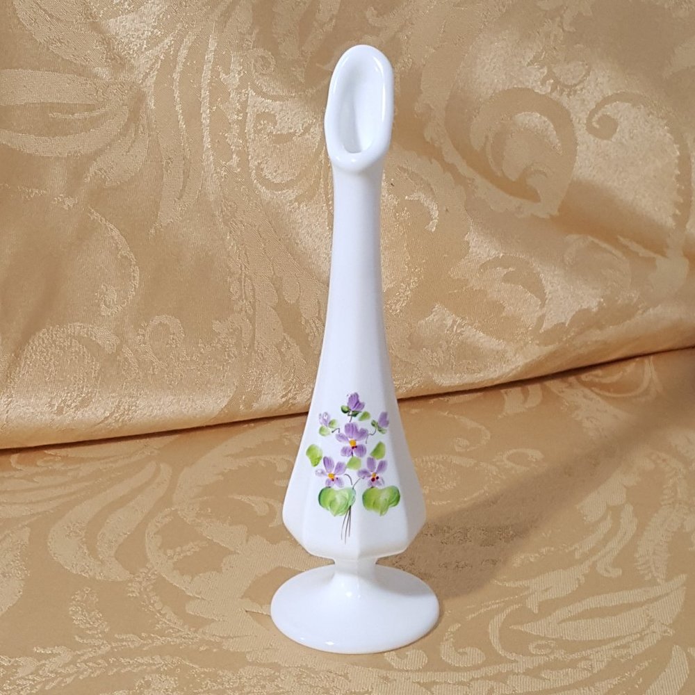 Vintage Milk Glass Hand Painted Bud Vase -